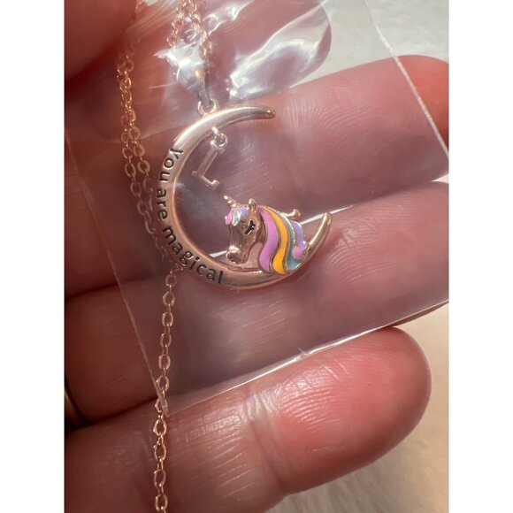 Unicorns Girls Necklaces, 14K Rose Gold Plated Moon Pendant Unicorn  Initial "L" - Picture 2 of 6